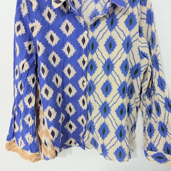 Zara Ikat Print Button Front Shirt Collared Mixed Print Western Blue White XL - Picture 3 of 8